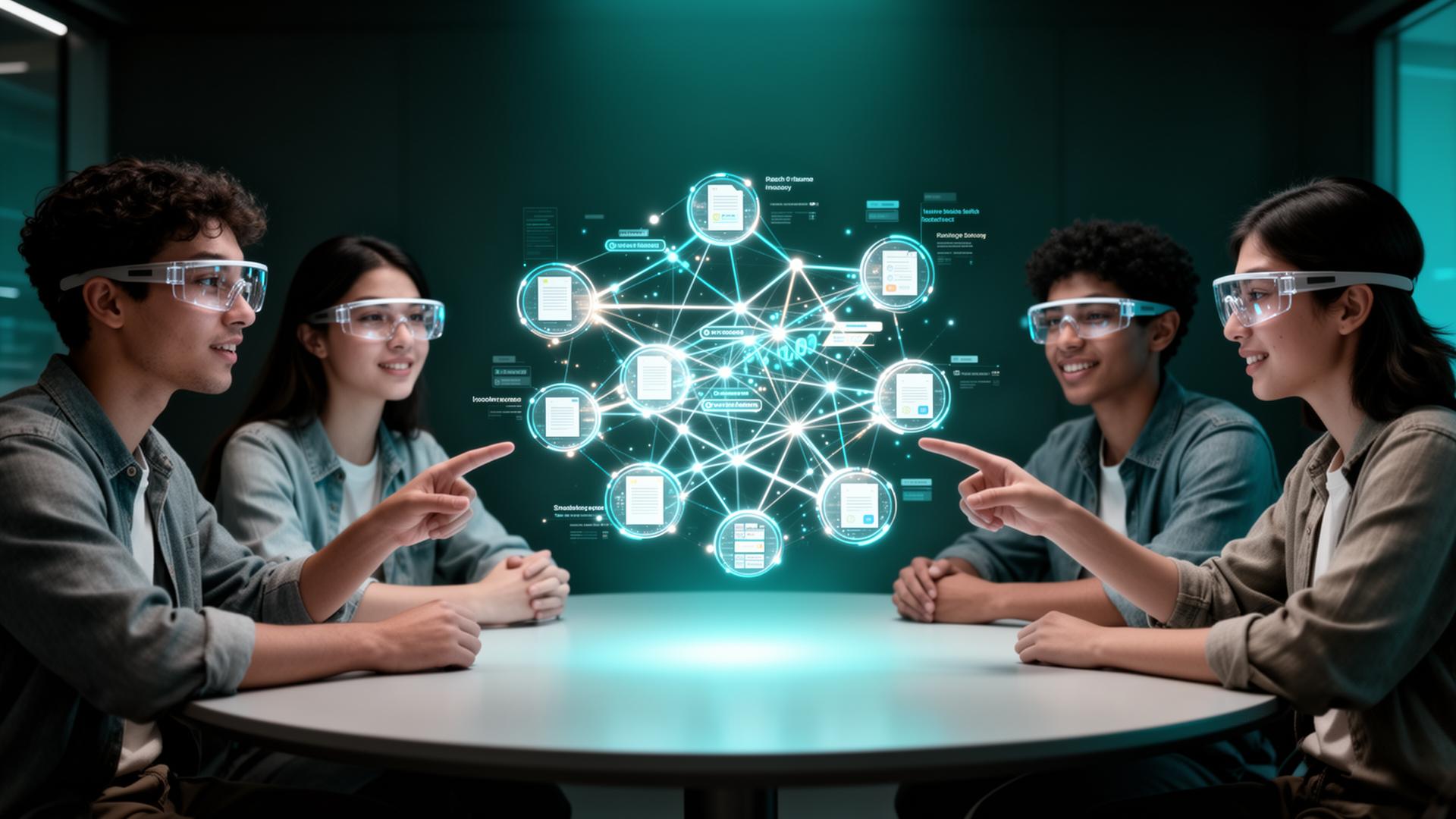 Studierende mit moderner VR-Brille betrachten gemeinsam ein 3D-Wissensnetz