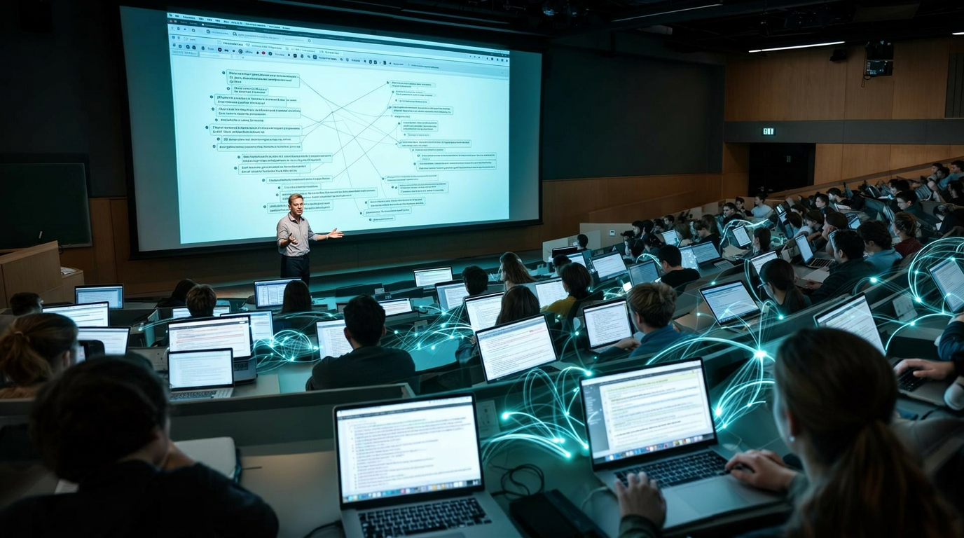 Vorlesungssaal: Professor zeigt Outliner-Inhalte am Beamer, Studierende sind mit ihren Laptops verknüpft